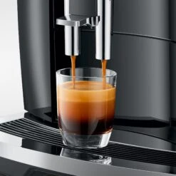 JURA E8 Espresso Machine - Piano Black (NAA) -Coffee Discount Store E8 Piano Black NAA espresso closeup square