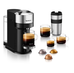 Nespresso Vertuo Next Deluxe Espresso Machine By DeLonghi - Chrome -Coffee Discount Store ENV120C Vertuo Next D Pure Chrome Delonghi 3Quarter Travel Mug